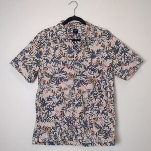 J. Crew Factory Flex Leaf Print Short Sleeve Button Down Shirt Pink Blue Size M